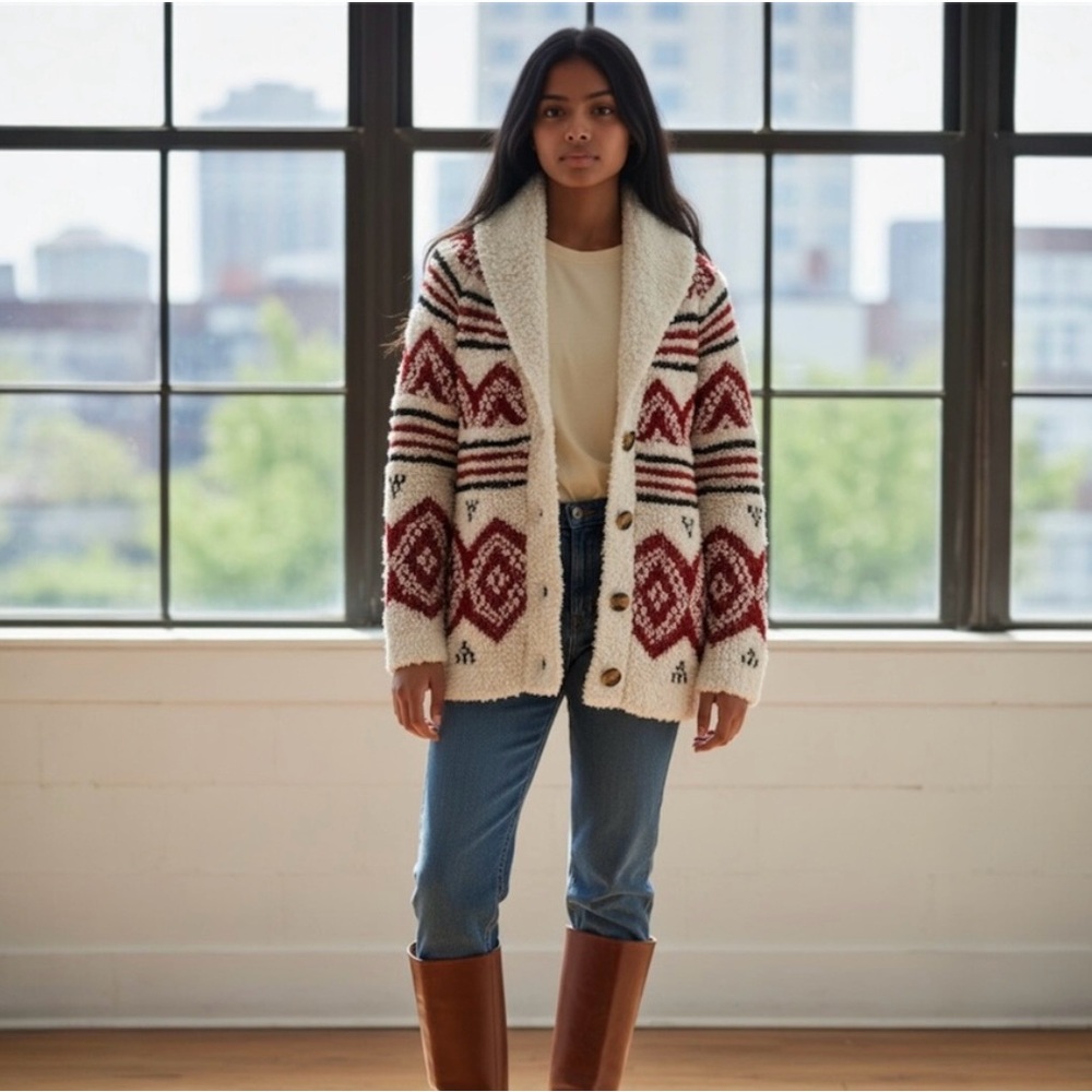Cozy Chunky Popcorn Knit Longline Cardigan Sz Medium Western Southwest Print
